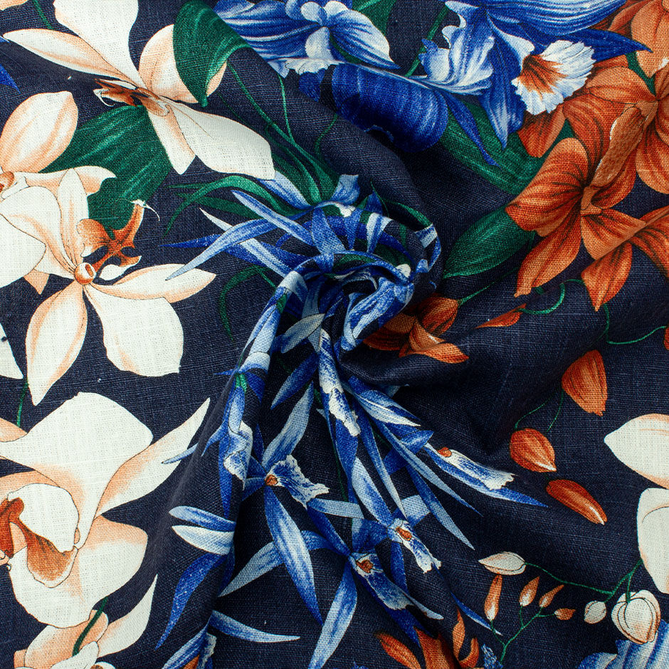 Burnt Orange & Deep Lavender Floral Printed Linen