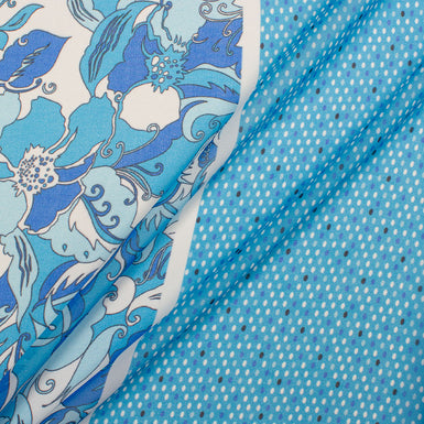 Blue & White Floral & Spot Printed Silk Georgette