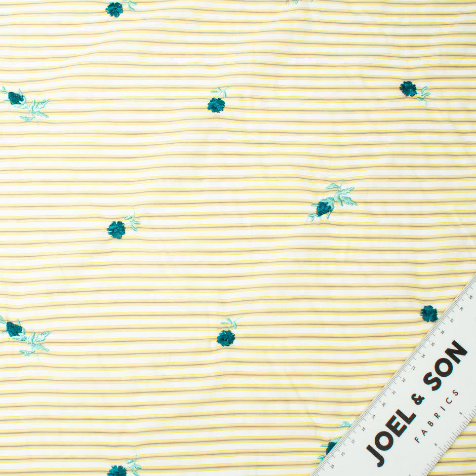 Teal Floral Embroidered Yellow & Grey Striped Cotton