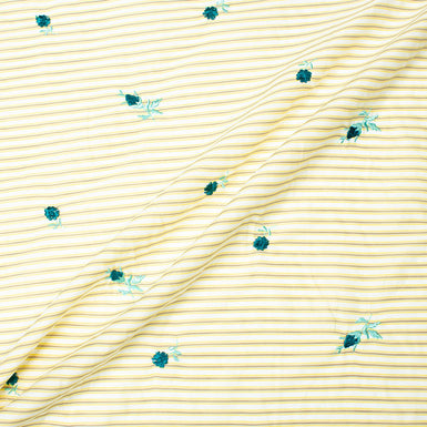 Teal Floral Embroidered Yellow & Grey Striped Cotton