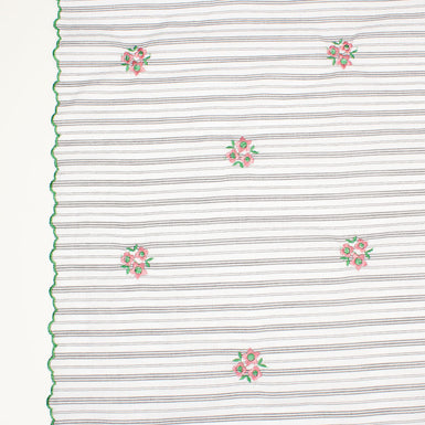 Grey & White Striped Embroidered Cotton
