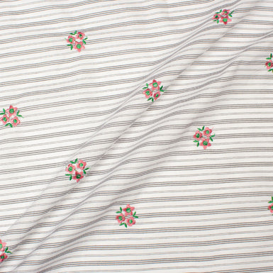 Grey & White Striped Embroidered Cotton