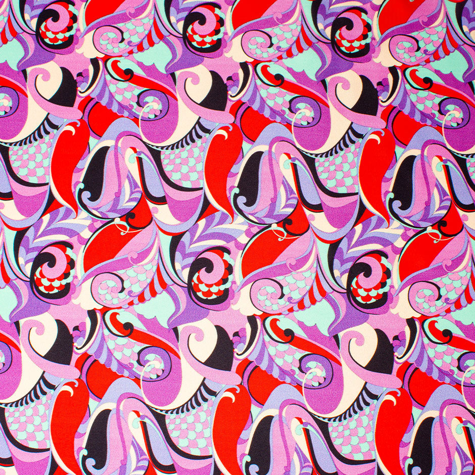 Purple, Red & Aqua Patterned Silk Twill (A 2m PIece)