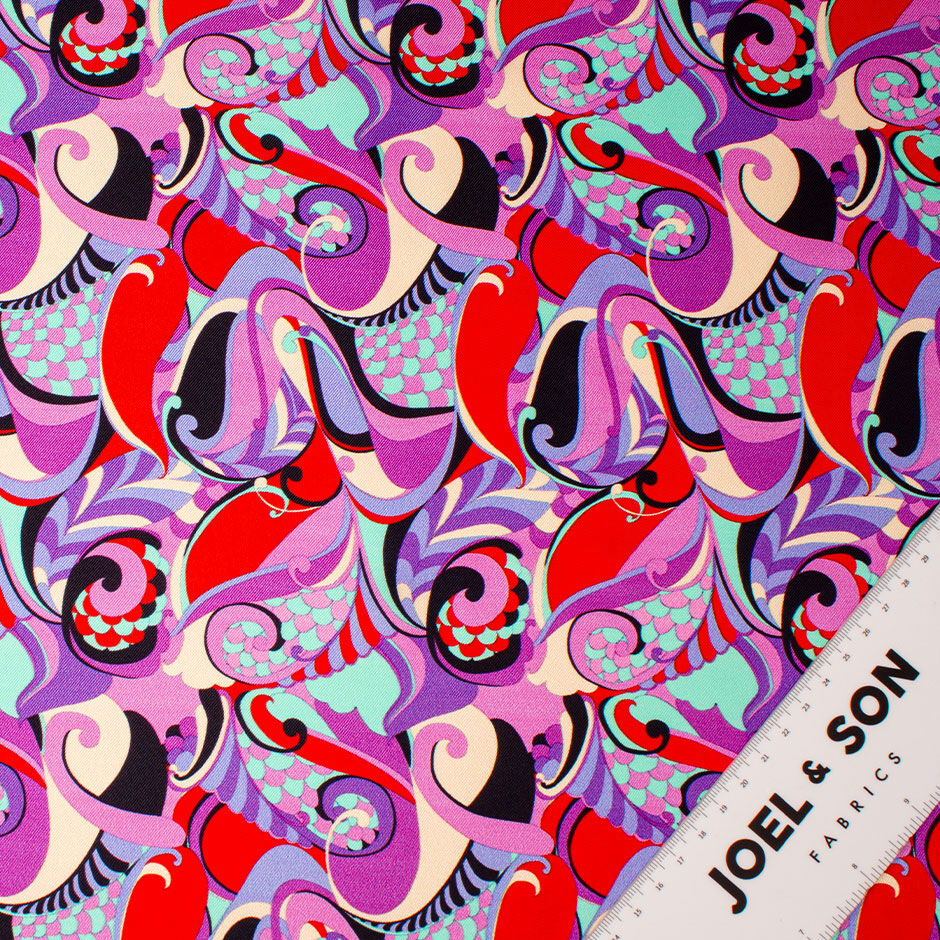 Purple, Red & Aqua Patterned Silk Twill (A 2m PIece)