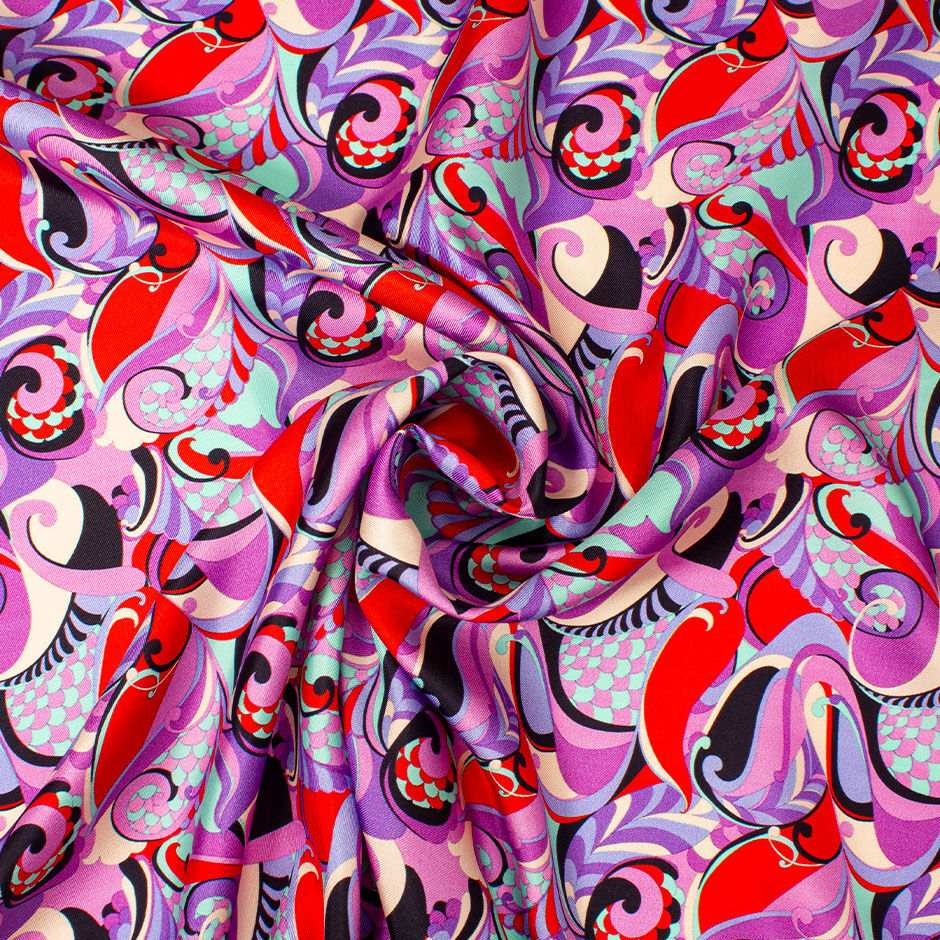 Purple, Red & Aqua Patterned Silk Twill (A 2m PIece)