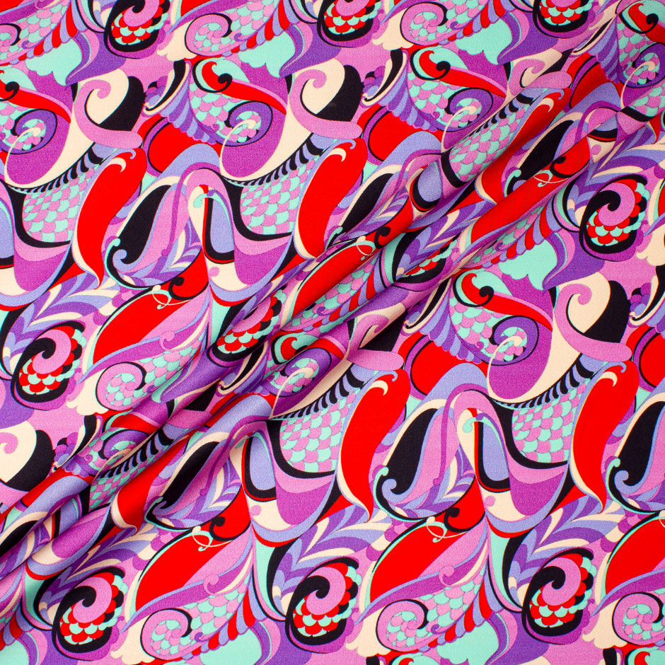 Purple, Red & Aqua Patterned Silk Twill (A 2m PIece)