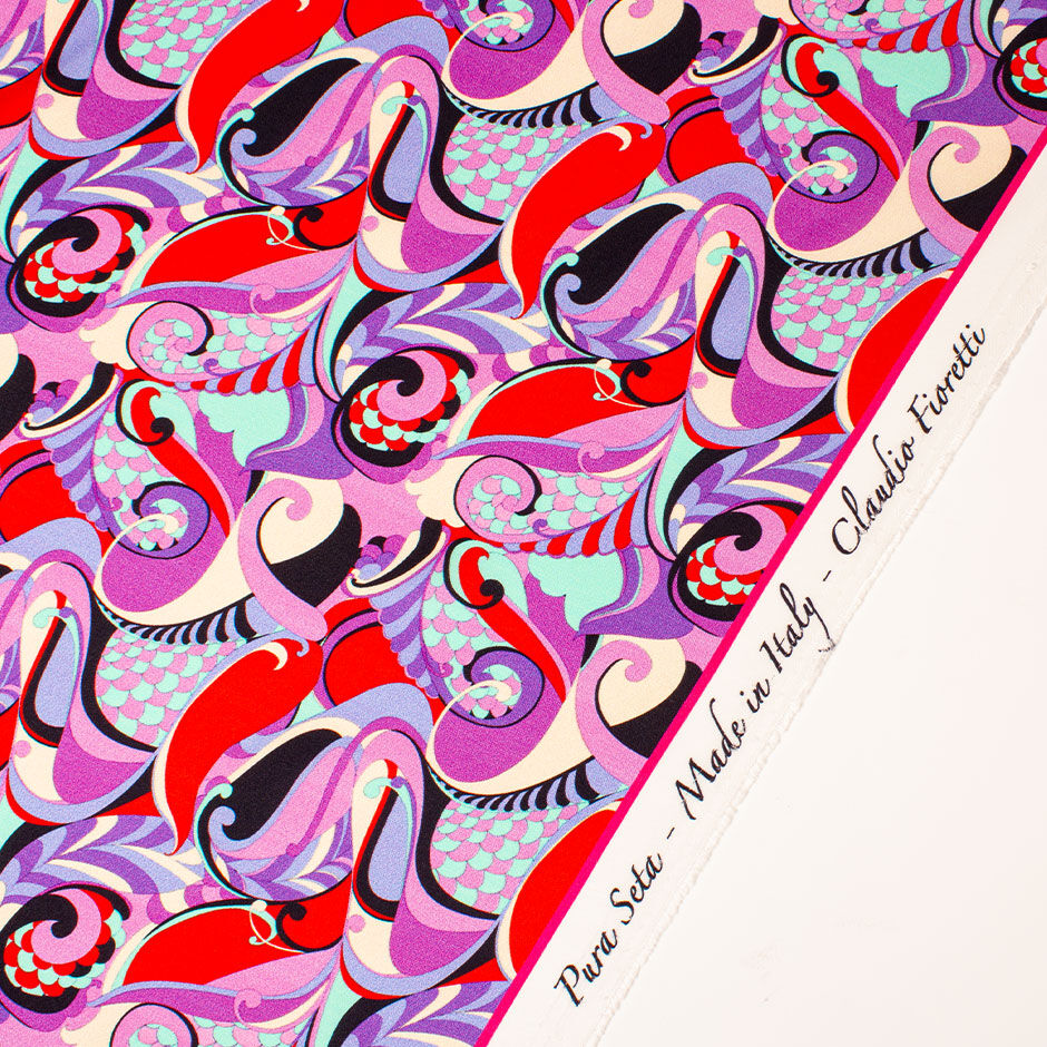 Purple, Red & Aqua Patterned Silk Twill (A 2m PIece)