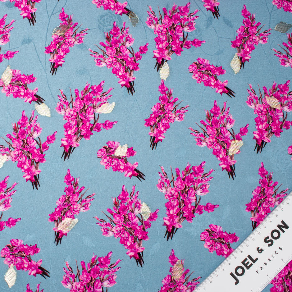 Fuchsia Pink Floral Printed Dusty Blue Silk Jacquard