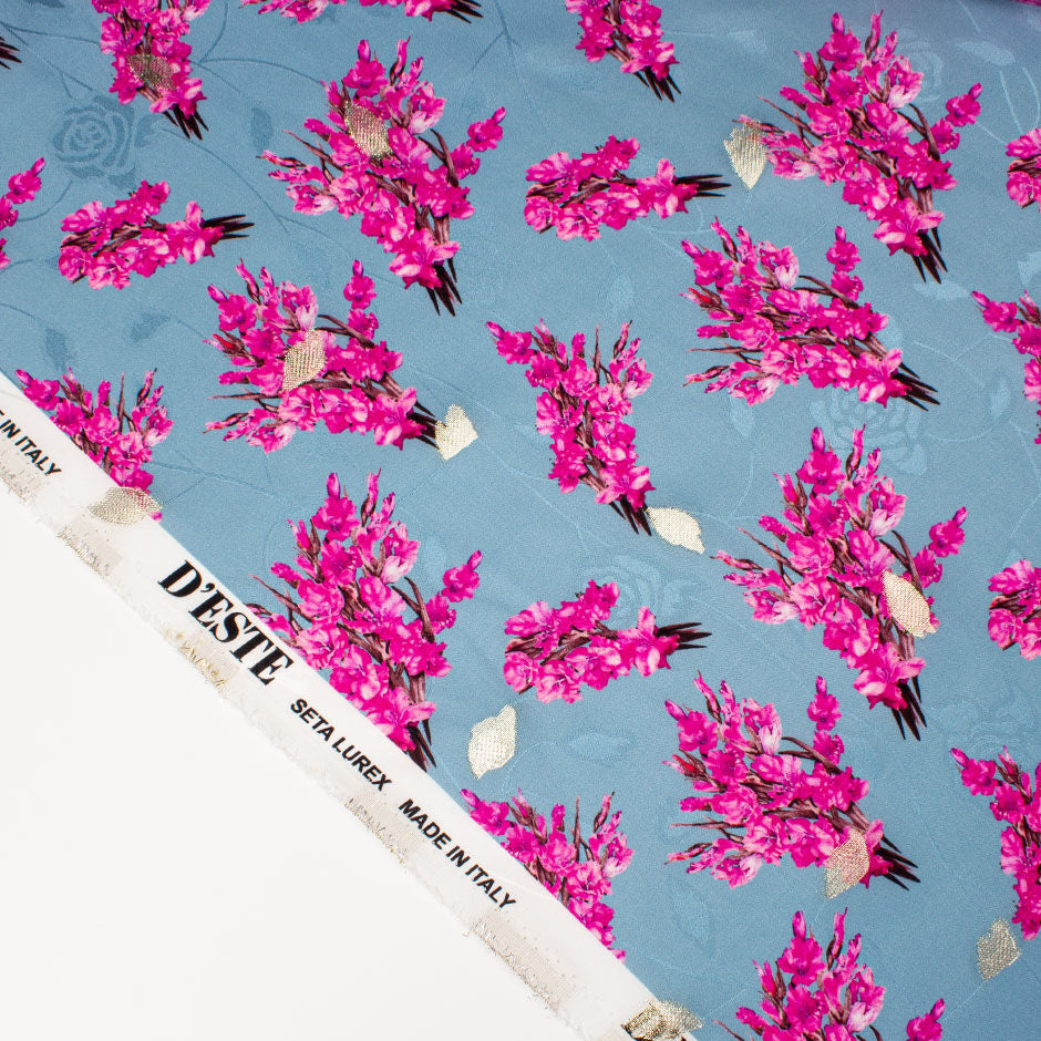 Fuchsia Pink Floral Printed Dusty Blue Silk Jacquard