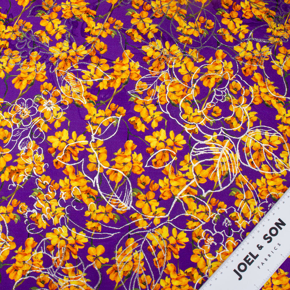 Pretty Orange Floral Printed Purple Silk Metallic Jacquard