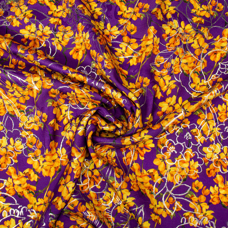 Pretty Orange Floral Printed Purple Silk Metallic Jacquard