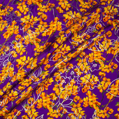 Pretty Orange Floral Printed Purple Silk Metallic Jacquard