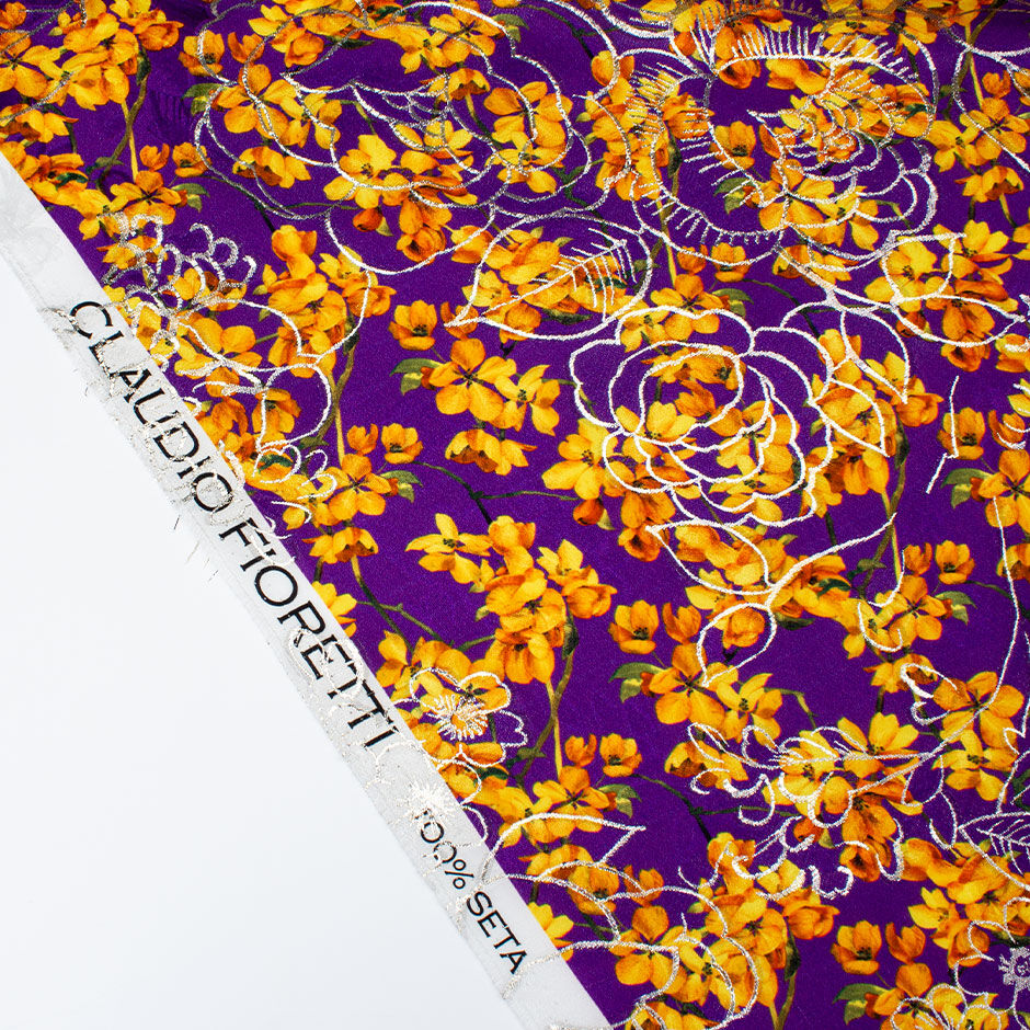 Pretty Orange Floral Printed Purple Silk Metallic Jacquard