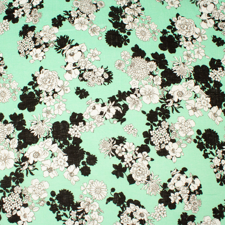 Black & White Floral Printed Soft Green Linen (A 2.45m Piece)