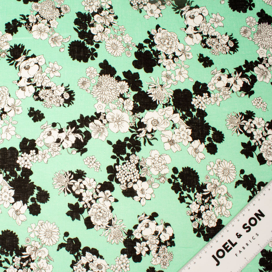 Black & White Floral Printed Soft Green Linen (A 2.45m Piece)