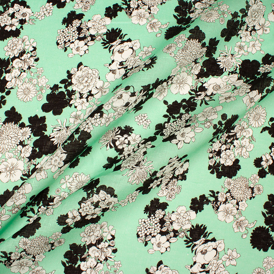 Black & White Floral Printed Soft Green Linen (A 2.45m Piece)