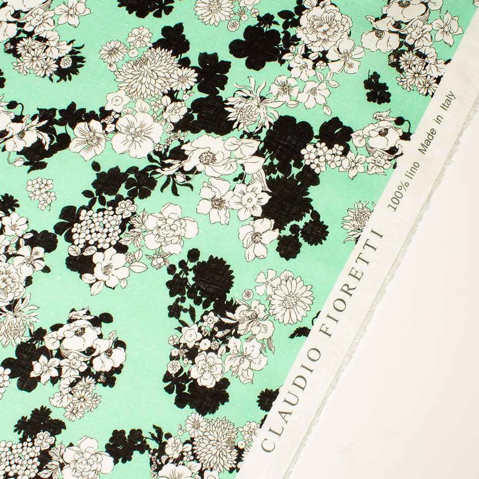 Black & White Floral Printed Soft Green Linen (A 2.45m Piece)