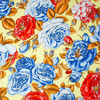 Red & Blue Rose Floral Printed Yellow Linen