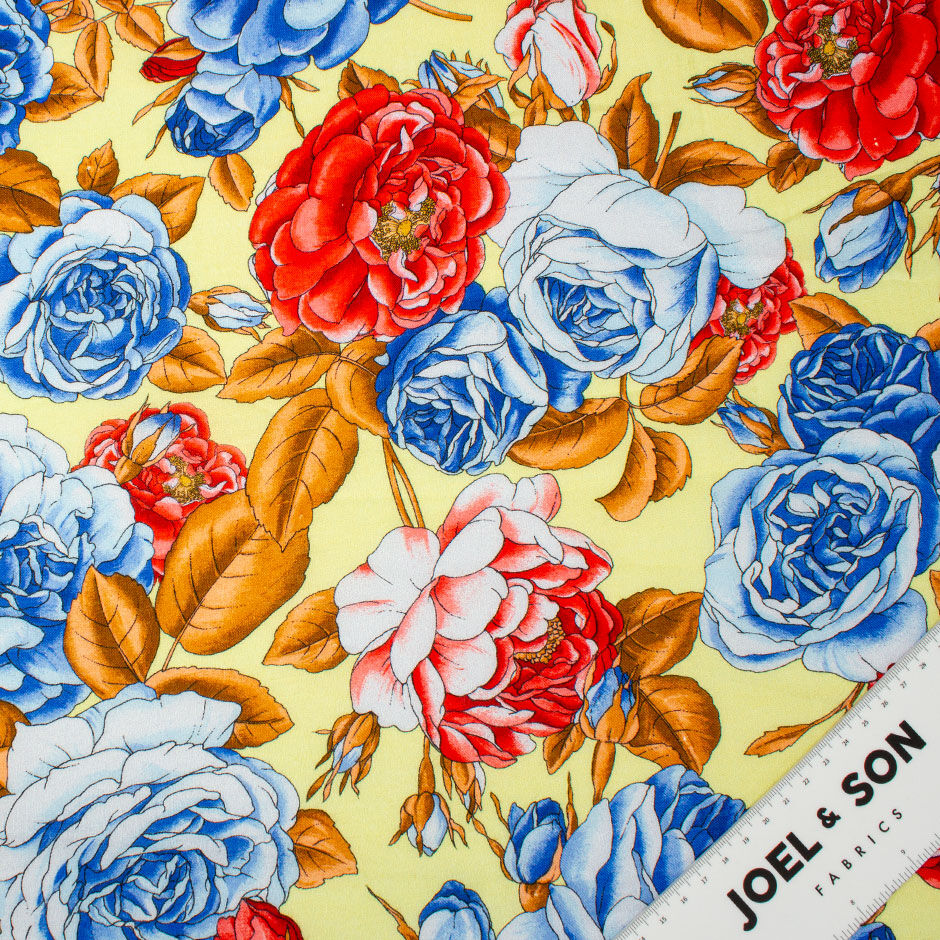 Red & Blue Rose Floral Printed Yellow Linen