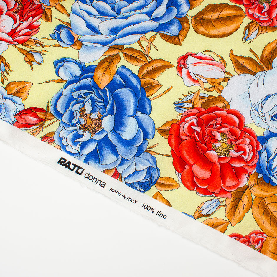 Red & Blue Rose Floral Printed Yellow Linen