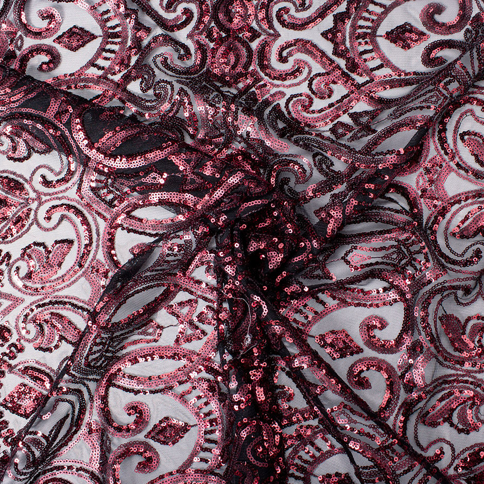 Maroon Sequinned Black Tulle