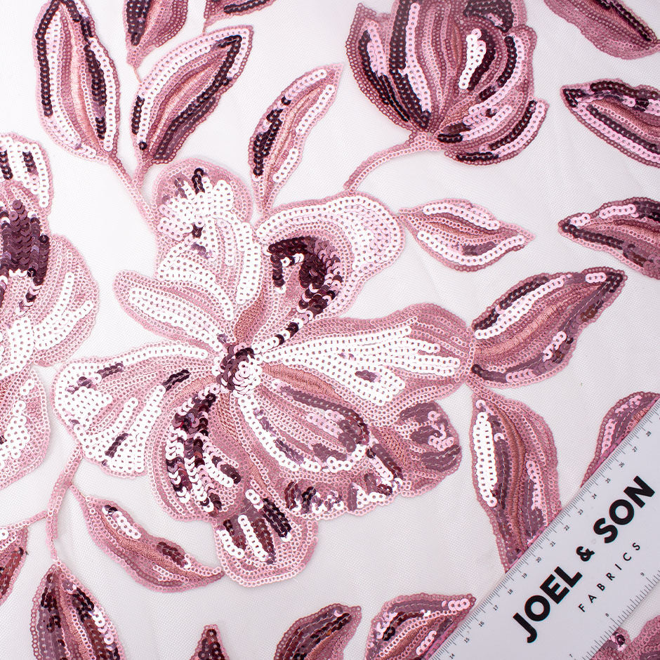 Antique Pink Sequinned Floral Embroidered Tulle