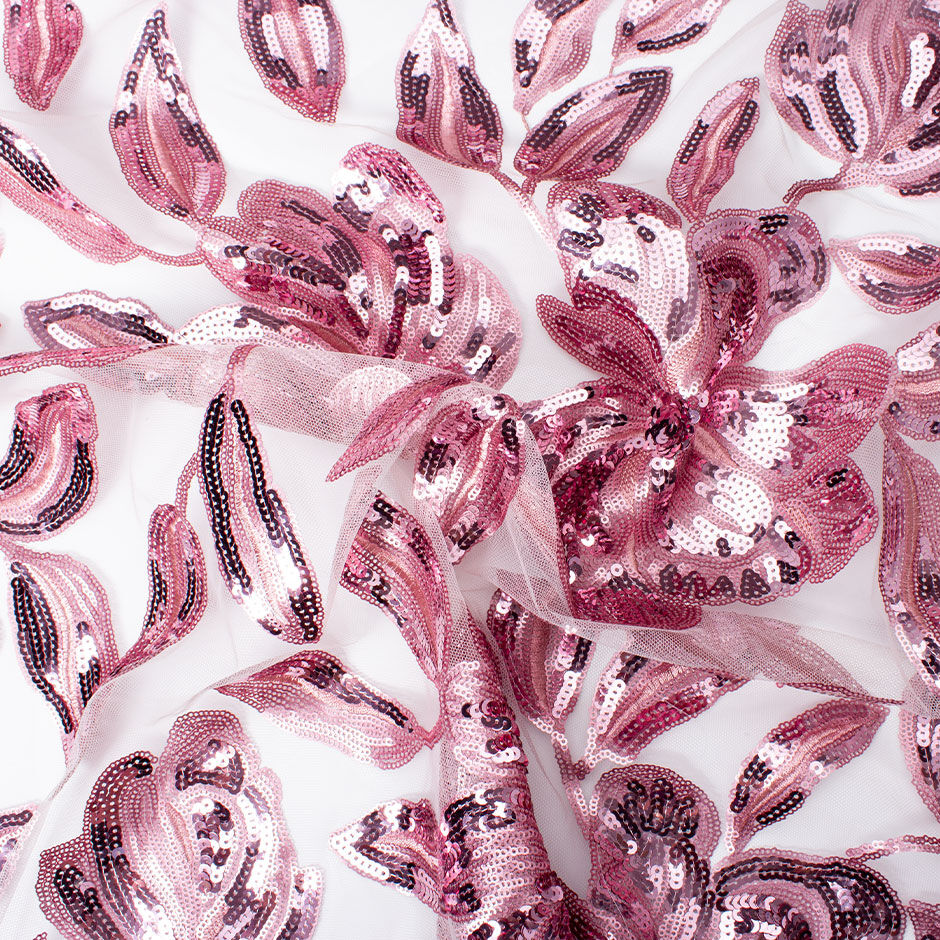 Antique Pink Sequinned Floral Embroidered Tulle