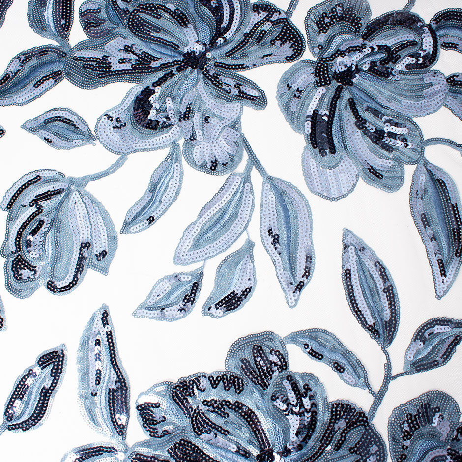 Muted Blue Sequinned Floral Embroidered Tulle