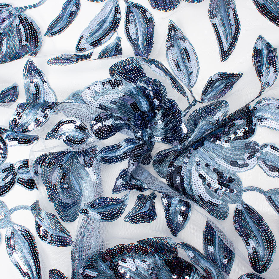 Muted Blue Sequinned Floral Embroidered Tulle