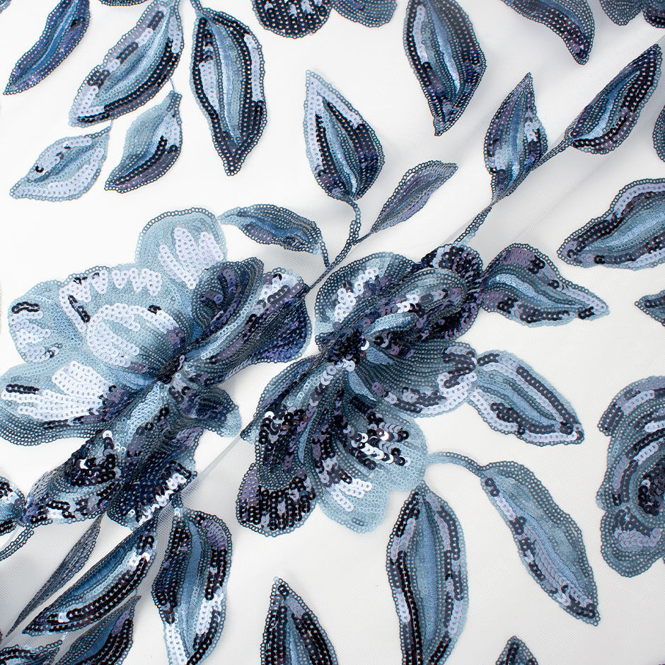Muted Blue Sequinned Floral Embroidered Tulle