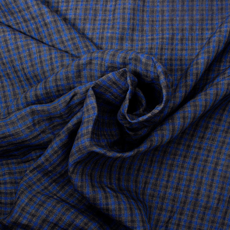 Royal Blue & Mid Grey Checkered Pure Linen