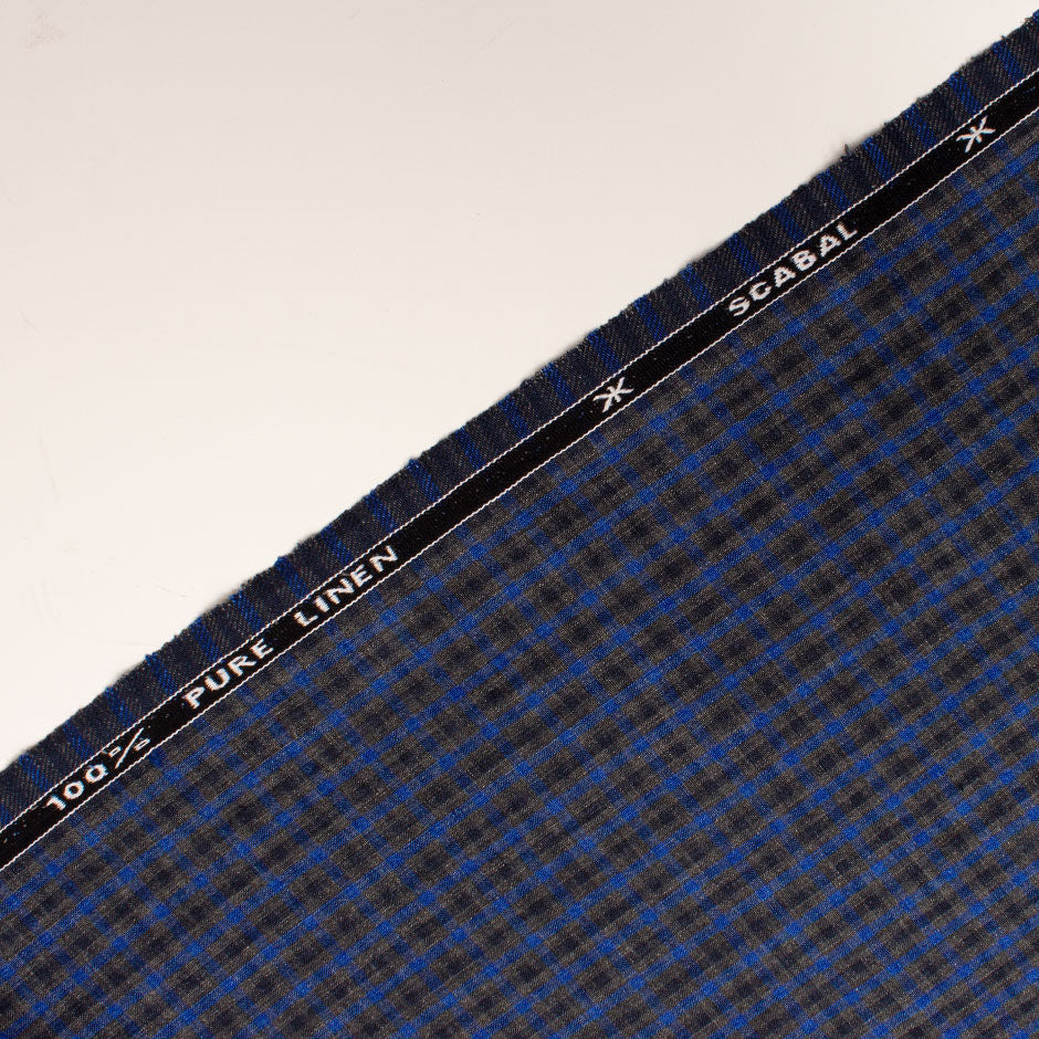 Royal Blue & Mid Grey Checkered Pure Linen