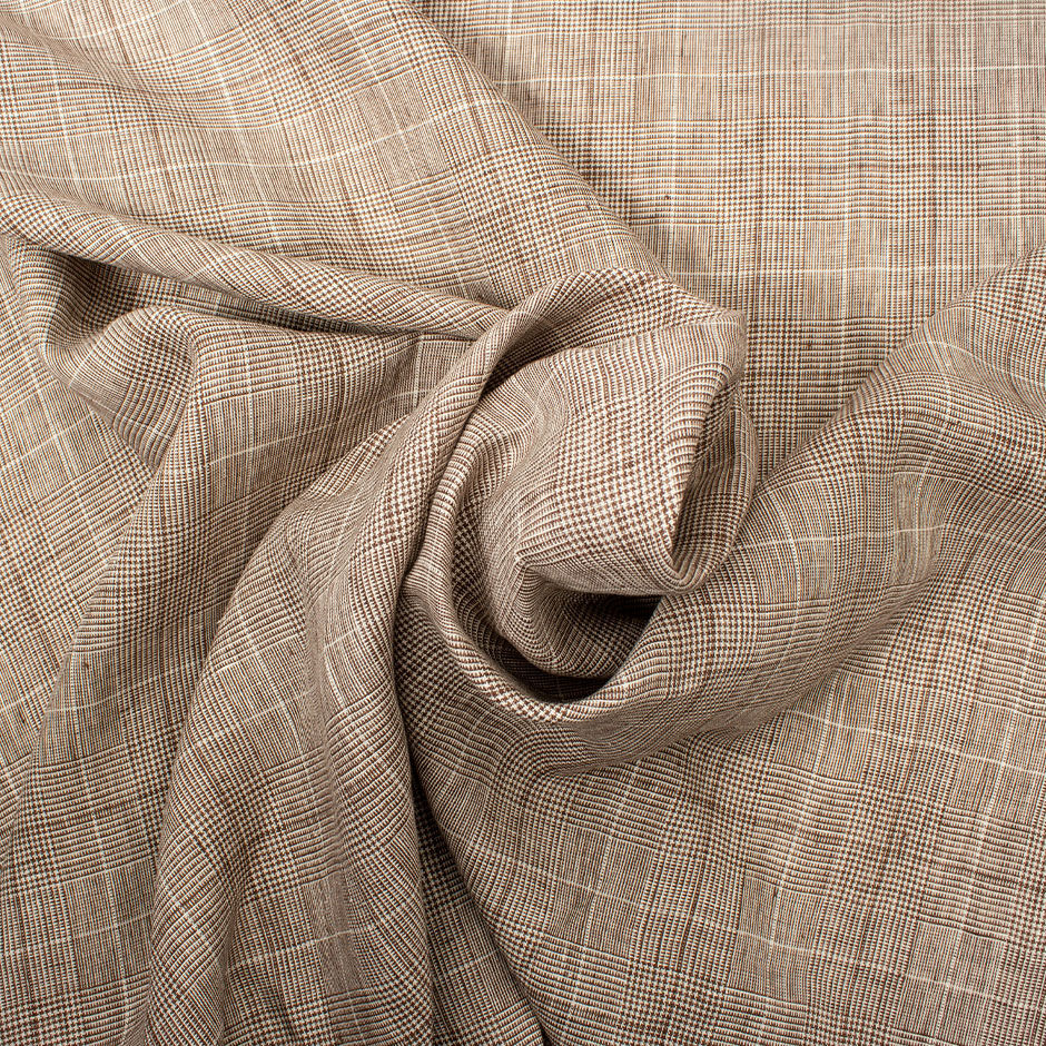 Brown & Ivory Prince of Wales Checkered Pure Linen (A 1.15m Piece)