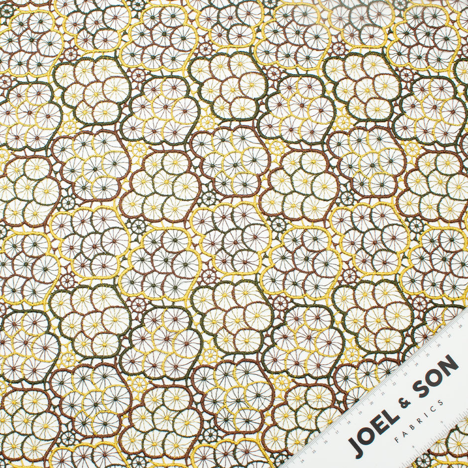 Brown, Yellow & Bottle Green Spiders Web Guipure Lace