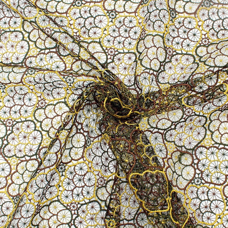 Brown, Yellow & Bottle Green Spiders Web Guipure Lace