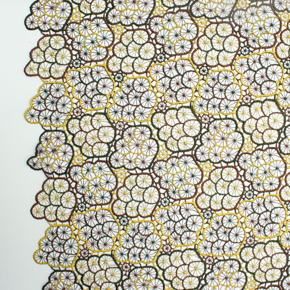 Brown, Yellow & Bottle Green Spiders Web Guipure Lace