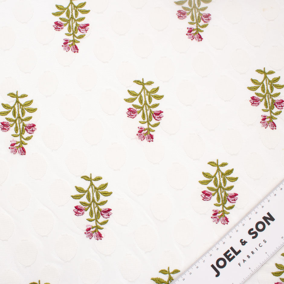Floral Embroidered & Cream Spot White Tulle