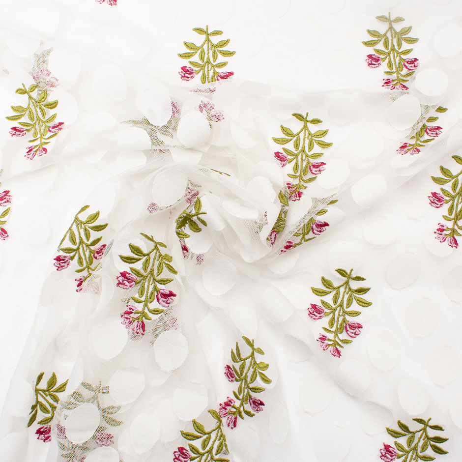 Floral Embroidered & Cream Spot White Tulle
