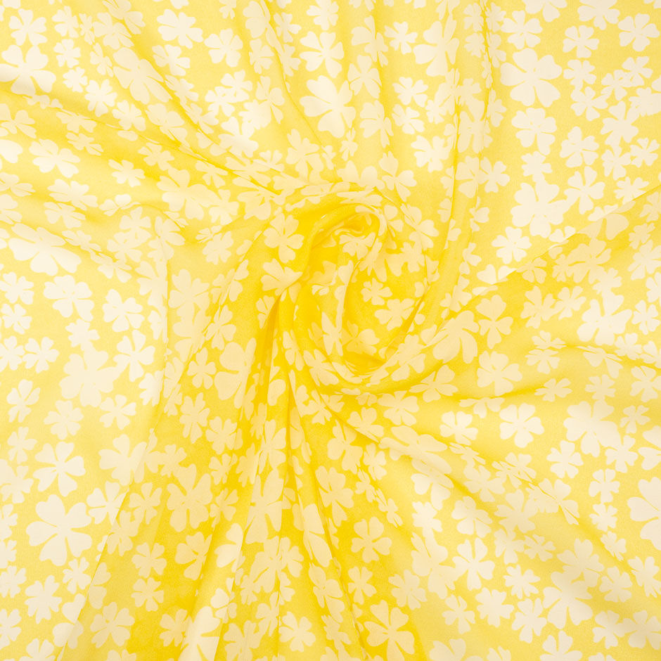 White Floral Canary Yellow Silk Georgette