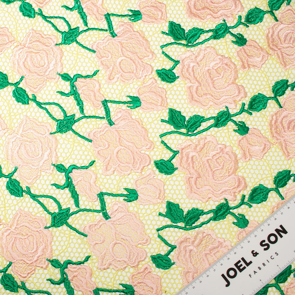 Pink Rose Embroidered Soft Yellow Guipure Lace
