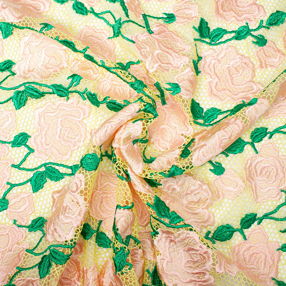 Pink Rose Embroidered Soft Yellow Guipure Lace