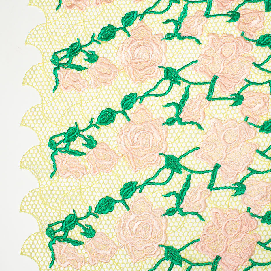 Pink Rose Embroidered Soft Yellow Guipure Lace