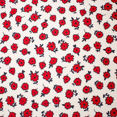Red & Blue Floral Printed White Silk Twill