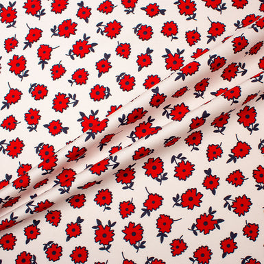 Red & Blue Floral Printed White Silk Twill