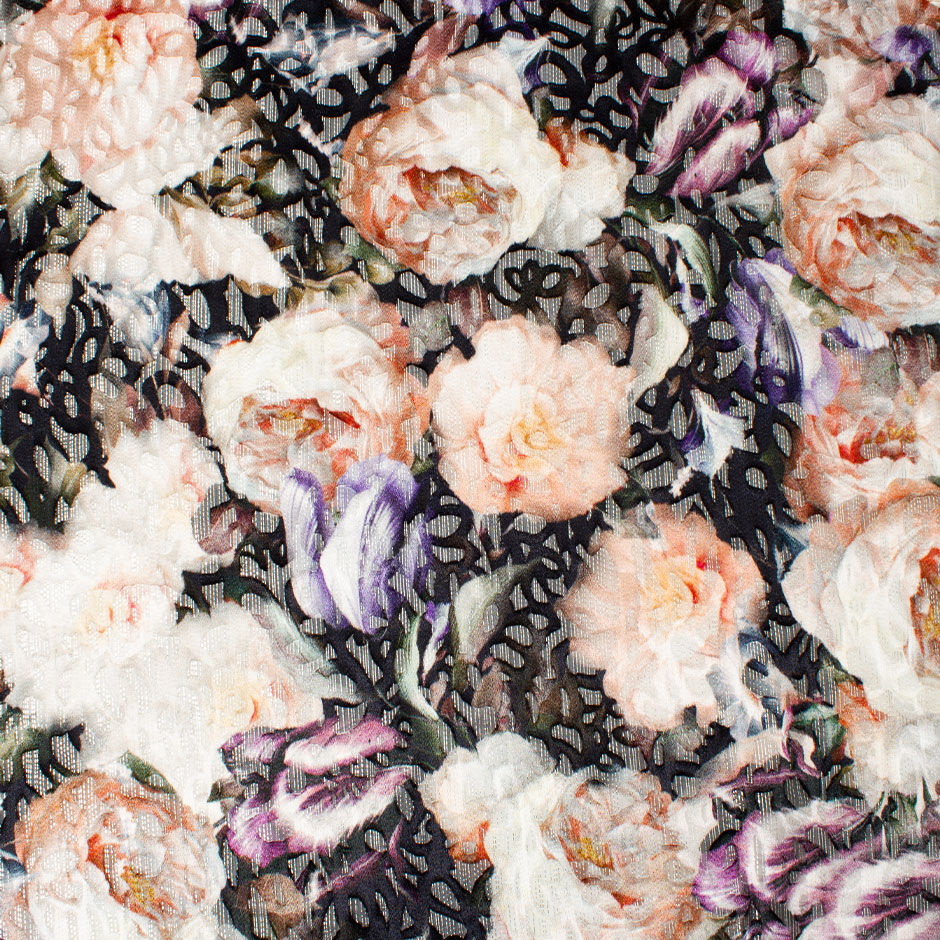 Peach Floral Black Chiffon Devoré Fil Coupé