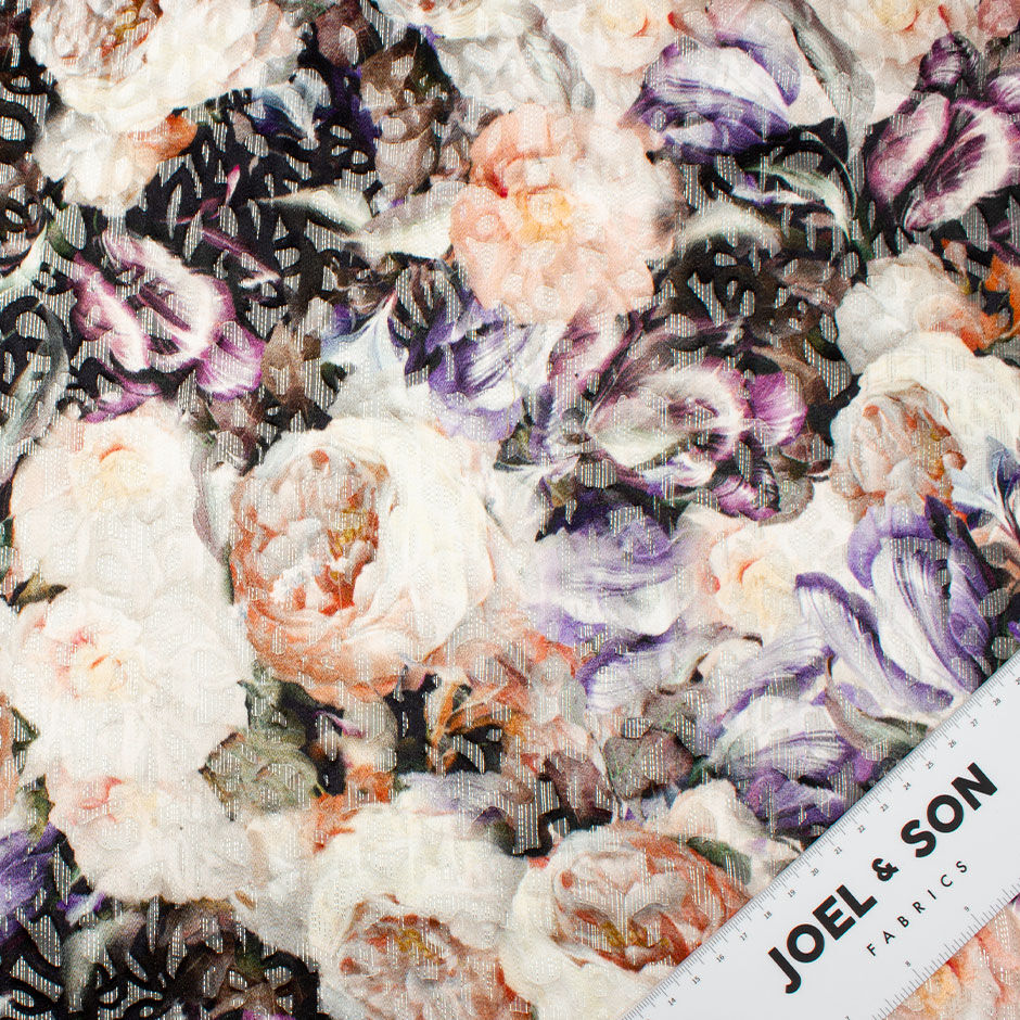 Peach Floral Black Chiffon Devoré Fil Coupé