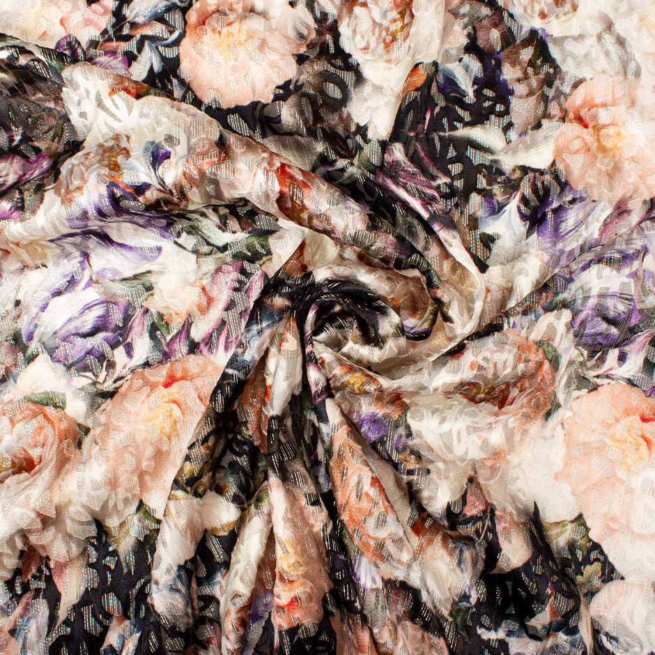 Peach Floral Black Chiffon Devoré Fil Coupé