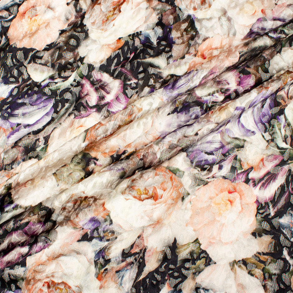 Peach Floral Black Chiffon Devoré Fil Coupé