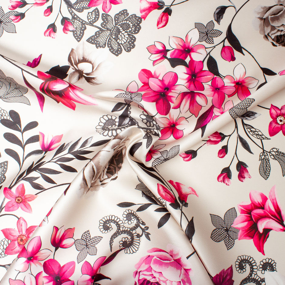 Fuchsia Pink Floral Taupe Silk Blend Mikado