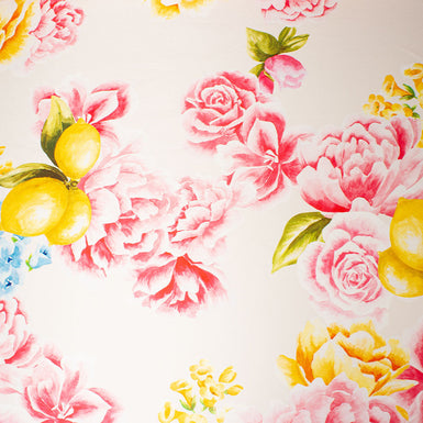 Lemon & Floral Printed Cream Silk Blend Mikado